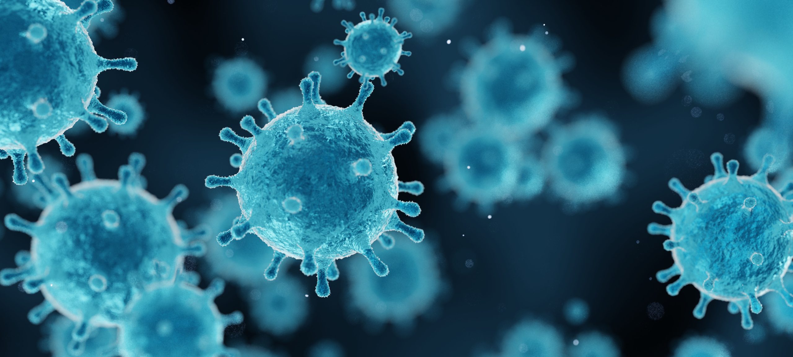 Computer generated image of the microscopic view of several COVID-19 type viruses.