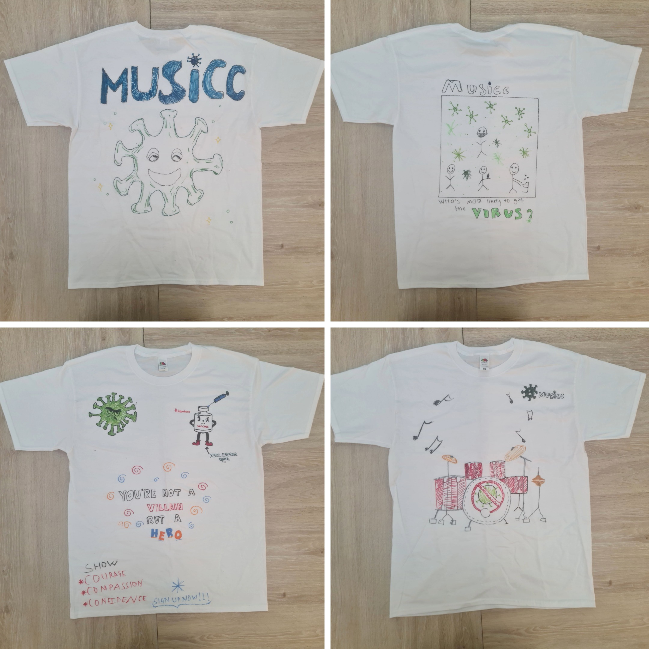 Photograph of four t-shirts designed with MUSICC project related imagery.
