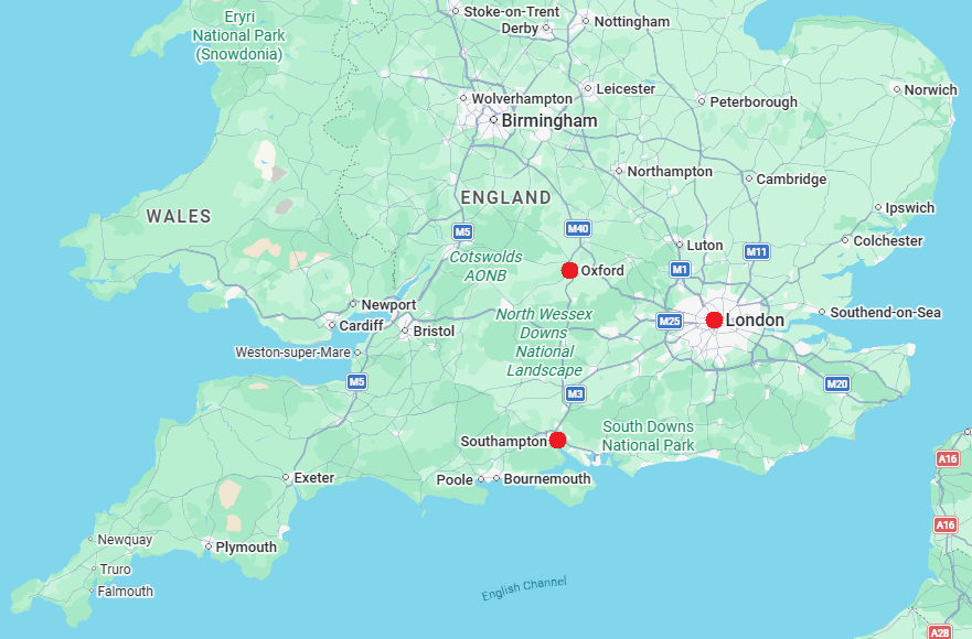 Map of the UK with red dots highlighting London, Oxford and Southampton.