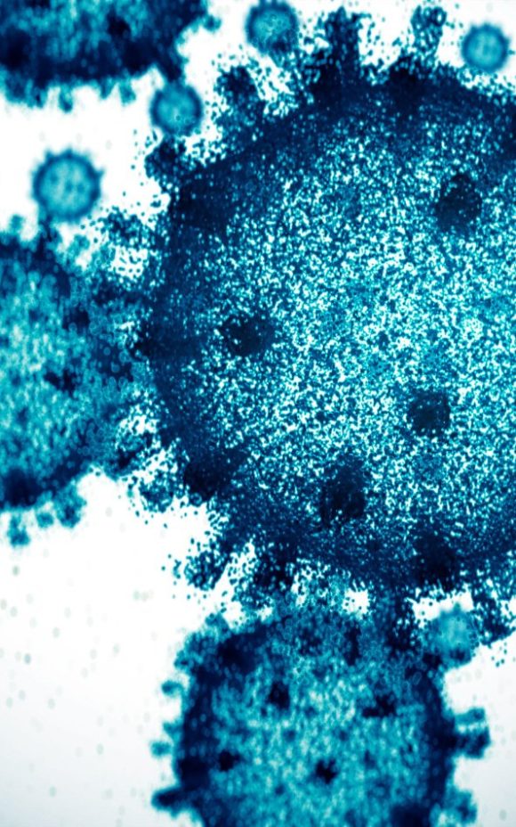 Computer graphic image of a virus as seen like through a microscope.